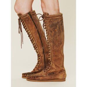 Bed Stu Free People Clearly Leather Tan Tall Lace Up Boat Shoes Boots 7.5 Rare